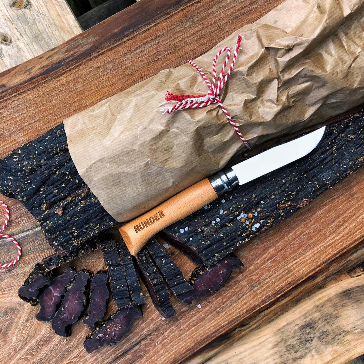 Opinel biltong knife with beechwood handle for slicing air-dried beef